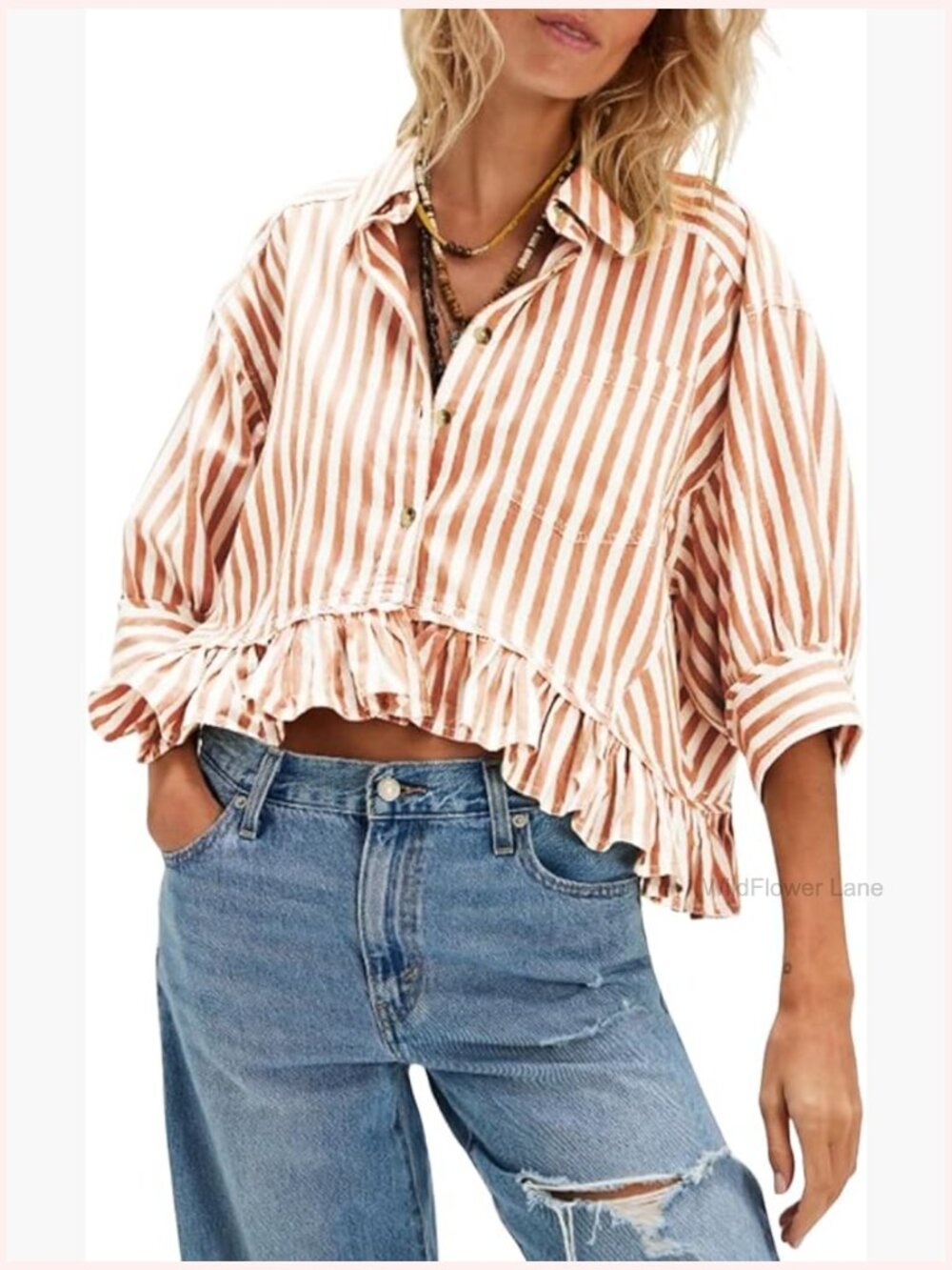 Cropped Striped Button Down Shirt Half Sleeve Ruffle Bottom V Neck Blouse Top - Picture 1 of 7